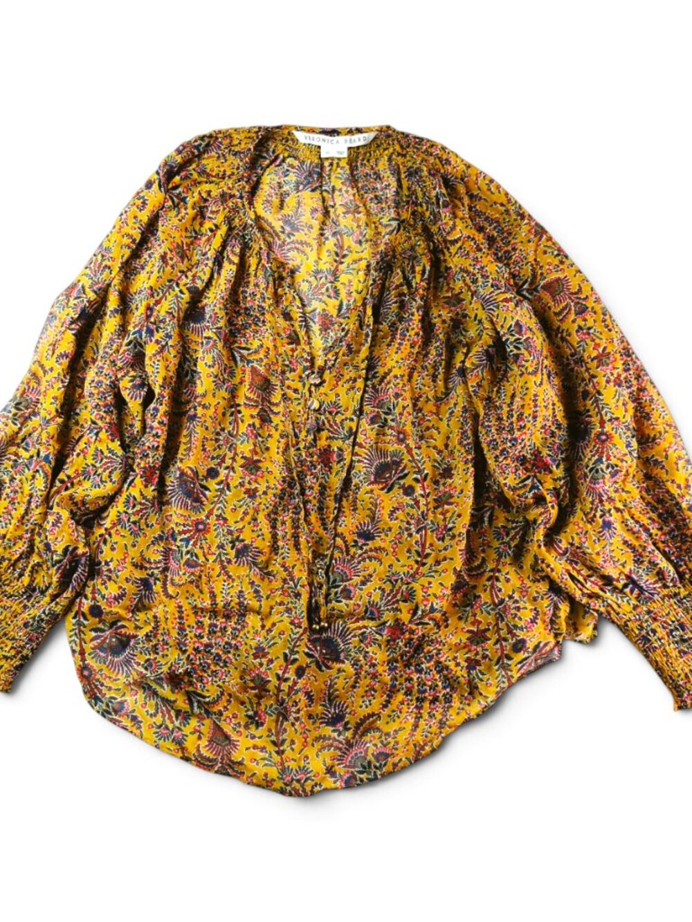 veronica beard amato floral silk peasant blouse mustard yellow size medium 10